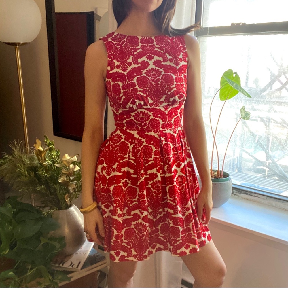 Red and white print retro style dress